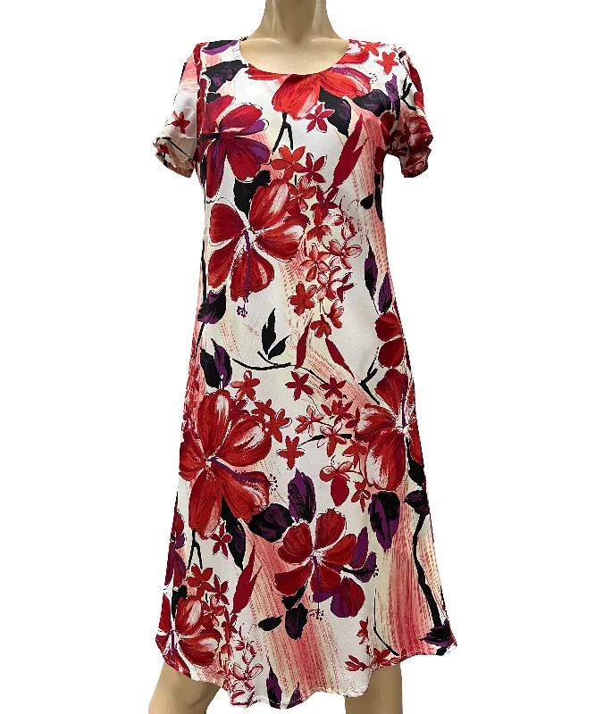 Watercolor Hibiscus Red A-Line Dress with Cap Sleeves Knitted unclassified dresses