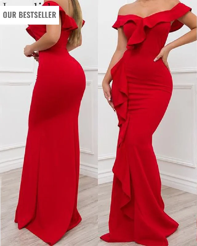 Trendy Red Off Shoulder Ruffles Mermaid Dress Long unclassified dresses