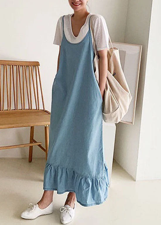 Boutique Blue Ruffled Patchwork Denim Spaghetti Strap Dress Summer LY1353 Button-down Denim Skirt