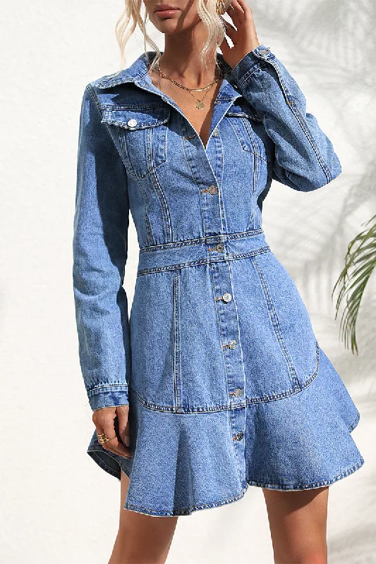 Elegant Solid Patchwork Turndown Collar Long Sleeve Denim Dresses GJ0030 A-line Denim Skirt