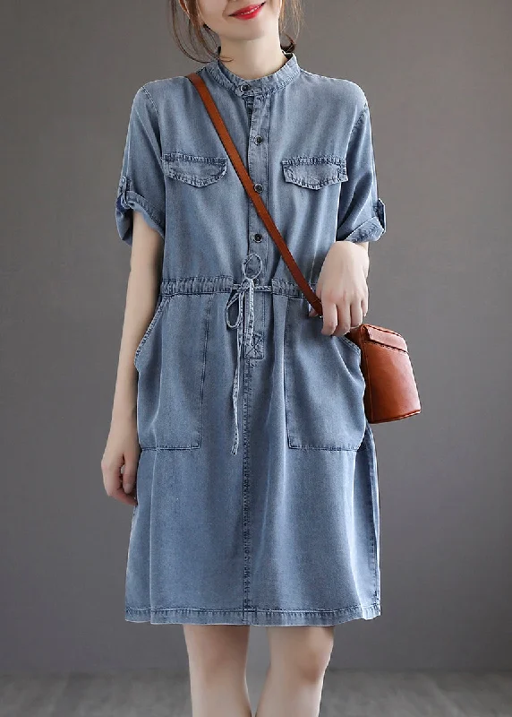 French Blue Pockets Tie Waist Denim Dresses Summer AB1016 Mid-rise Denim Skirt