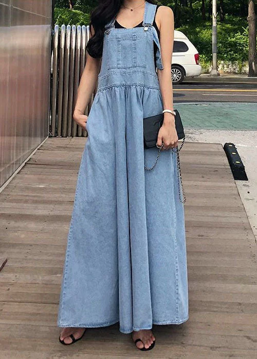 French Blue Wrinkled Patchwork Denim Long Dress Sleeveless LY1340 Casual High-waisted Denim