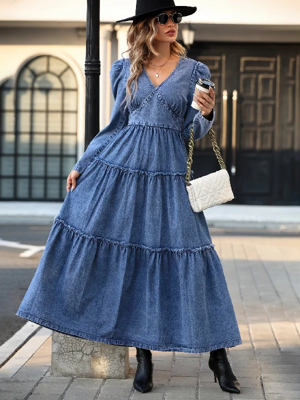 Long Sleeves Layered Denim Dress DE8080 Mini Denim Skirt