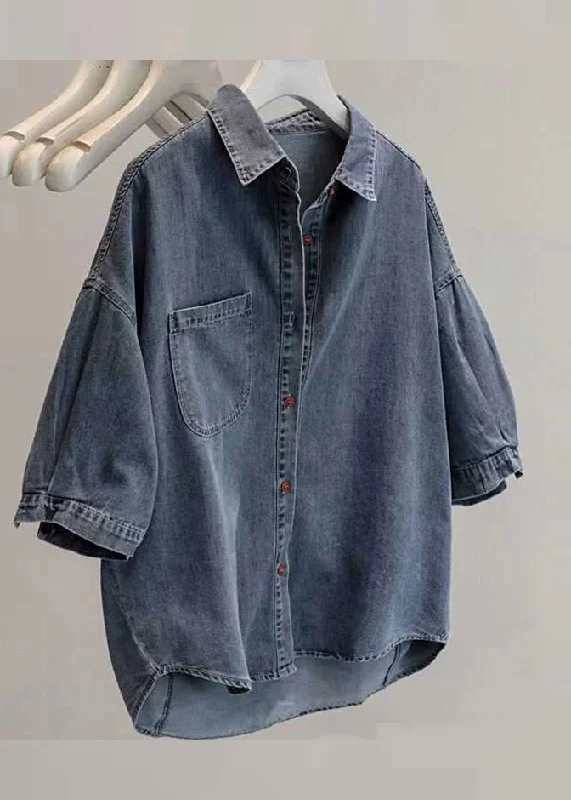 Loose Light Grey Peter Pan Collar Patchwork Low High Design Denim Shirt Summer VB1080 Denim Skirt Trendy