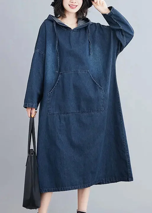 Denim Hooded Pockets Denim Long Dress Fashionable Denim Skirt