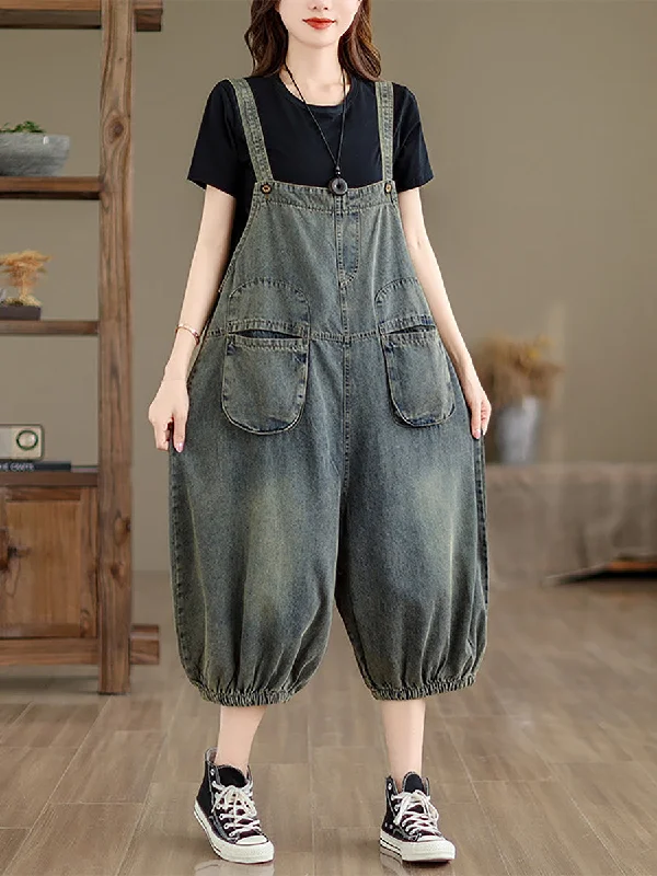 Women Retro Summer Solid Pocket Denim Jumpsuits FG1035 Denim Skirt Look