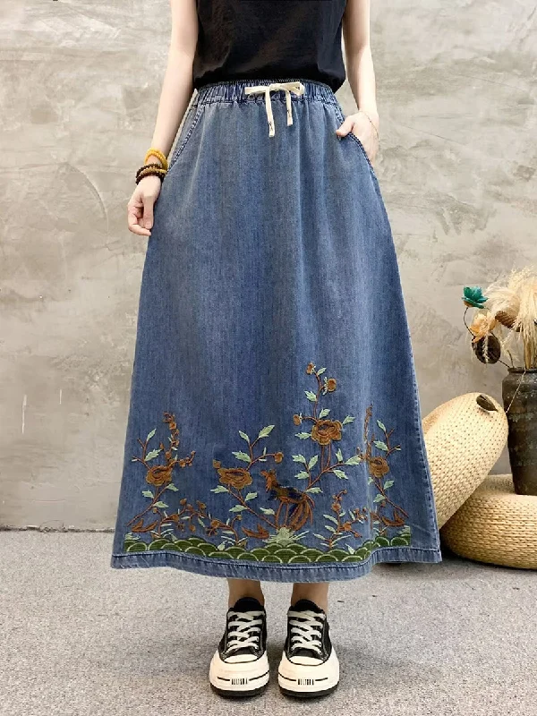 Women Summer Artsy Flower Embroidert Denim Skirt FG1009 Black Denim Skirt