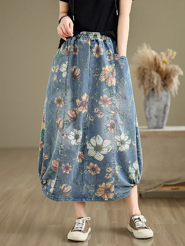 Women Summer Casual Flower Spliced Denim Skirt XX1027 Classic Blue Denim