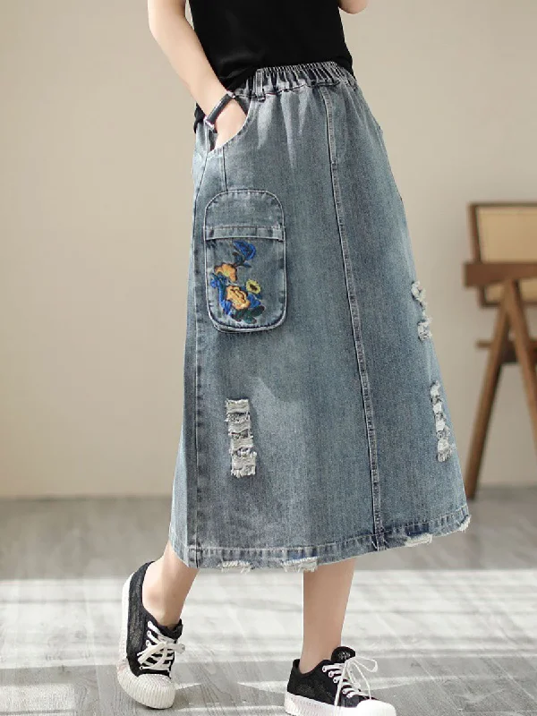 Women Summer Flower Embroidery Frayed Denim Skirt AS1041 Denim Skirt Style