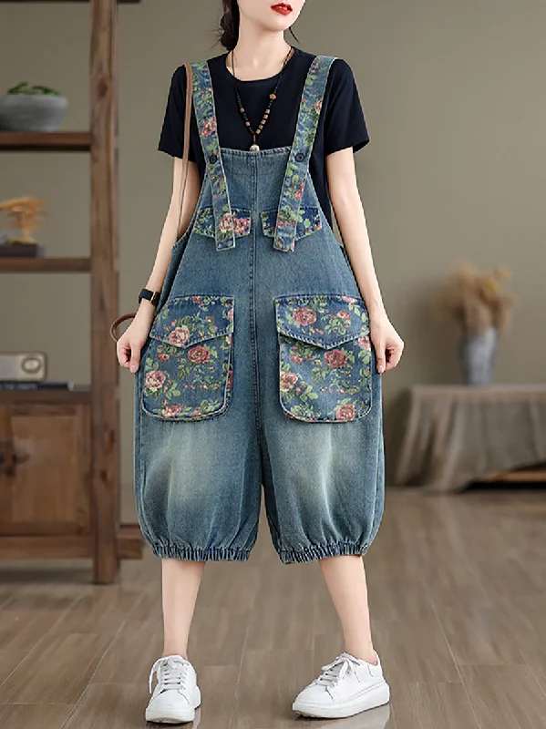 Women Summer Retro Flower Spliced Denim Jumpsuits ZZ1021 Slim Fit Denim Skirt