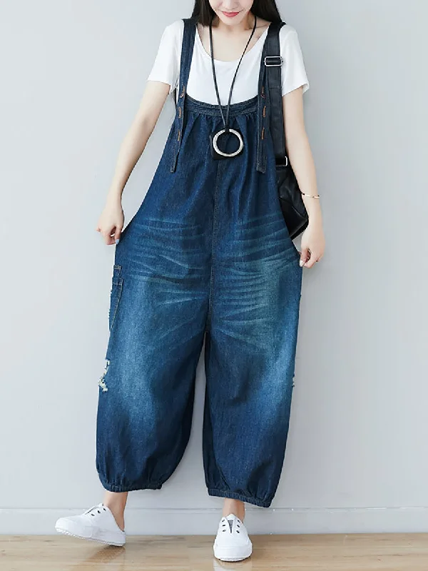 Women Summer  Retro Frayed Washed Denim Jumpsuits FG1034 Belted Denim Skirt