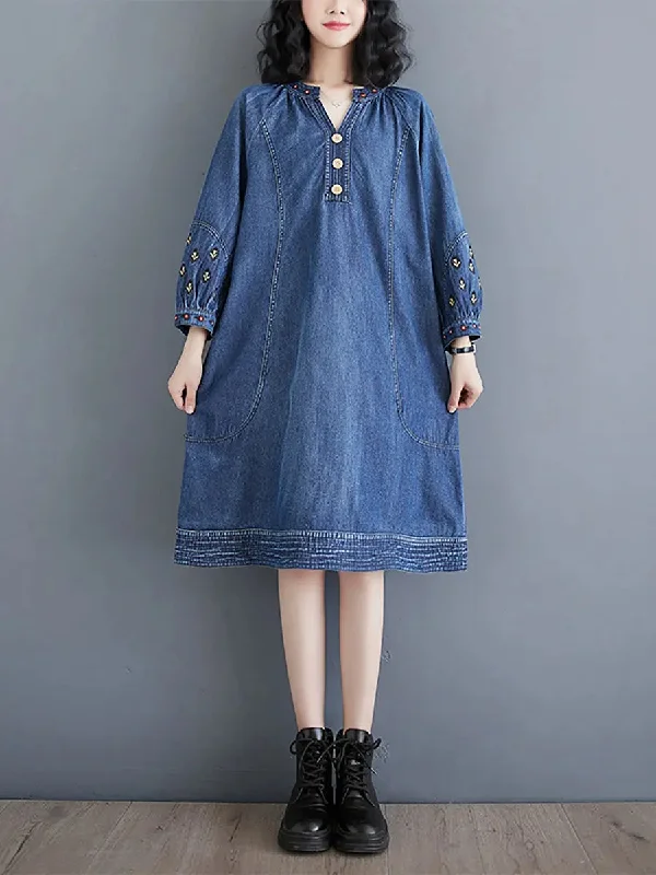 Women Embroidery Loose Denim Dress Button Front Denim Skirt