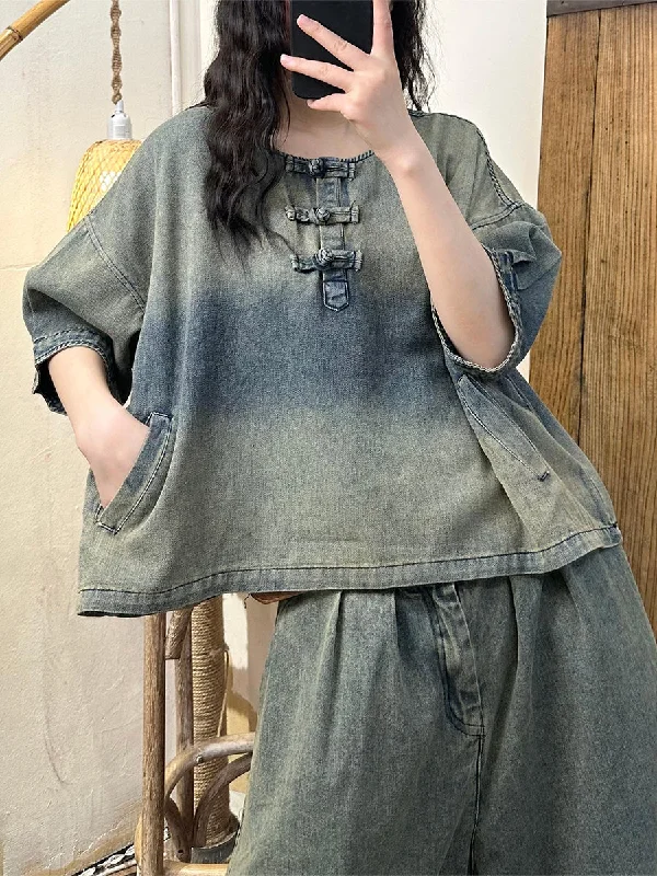 Women Summer Vintage Washed Denim Shirt AS1003 Embellished Denim Skirt