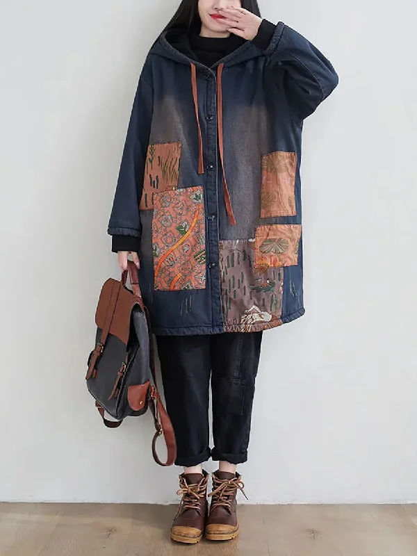 Spliced Denim Hooded Padded Coat Cool Denim Skirt