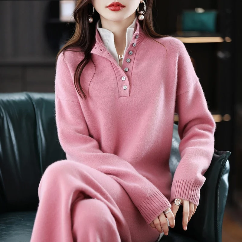 2023 Ladies 100% Cashmere Wool Suit Casual Long Sleeve Pullover Sweater Solid Color Knit Long Wide Leg Pants Pure Wool Suit