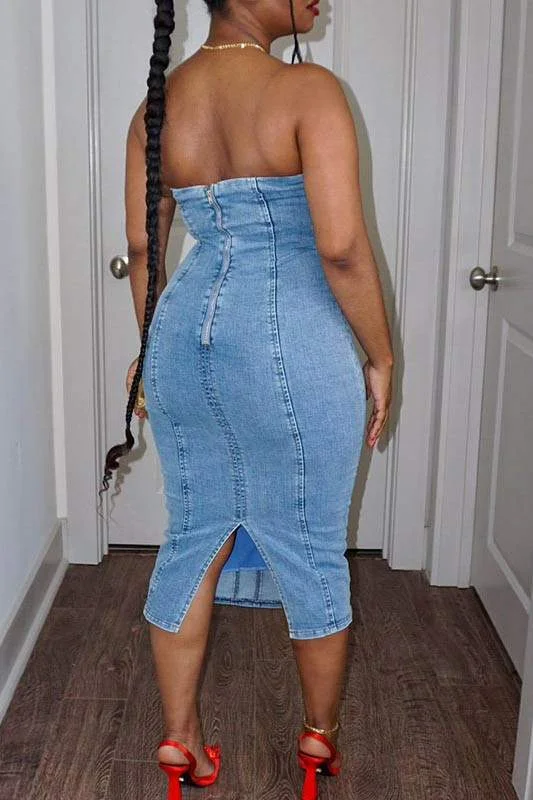 DENIM SLEEVELESS DRESS Ripped Front Denim Skirt