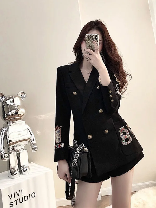 Korean Elegant Casual Slim Spring Autumn Women 2 Pieces Set Long Sleeve Pocket Harajuku Blazer Shorts Pants Woman