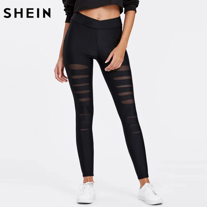 SHEIN Black Leggings Women Mesh Insert Ripped Leggings Mid Waist Casual Summer Spring Soild Fitness Leggings Pants