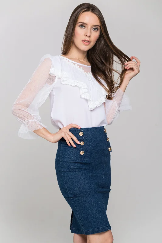 White Sheer Sleeves Gabot Top and Denim Skirt Loose Denim Skirt