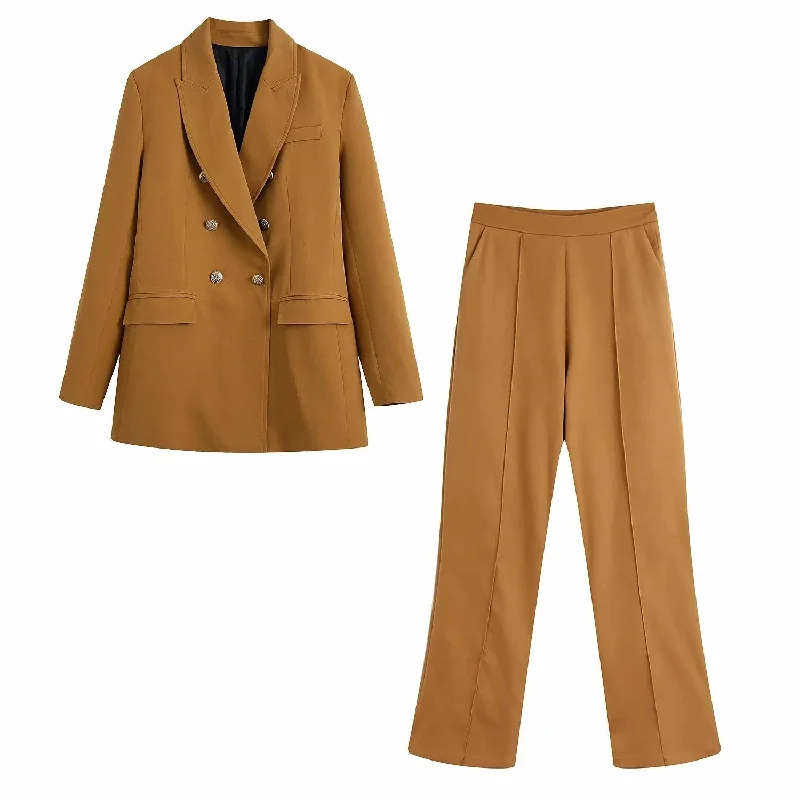 Women With Metal Buttons Blazers Coat Vintage Long Sleeve Female Outerwear And High Waist Casual Suit pants Chic Sets