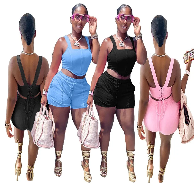 2-Piece Summer For Women's Sets Sleeveless Vest + Pants Backless Sexy Shorts Sets Solid Color Casual Sports Suit Black 2023 New