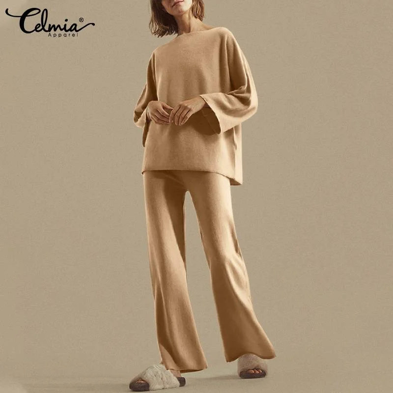 2023 Autumn Celmia Casual Knitted Pant Sets Women Vintage Long Sleeve Tunics Tops and Pants Comfortable Suits 2pcs Sets