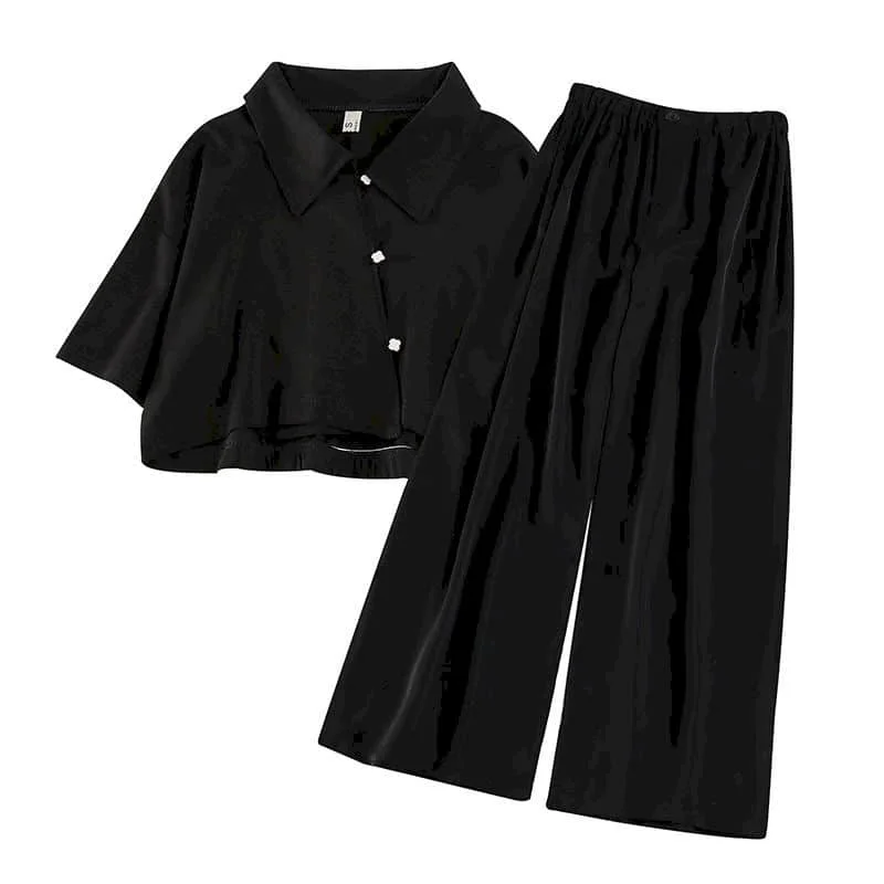 2023 Autumn Two Pieces Set Women Summer Korean Short Sleeve Shirt Female Black Casual Sets Suit Black Blouse Wide Leg Pants Suit