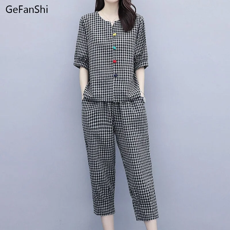 2023 Summer Women's 2Pcs Plaid V-neck Blouse+Pants Office Lady Two Pieces Set Casual Tops And Ankle-length Trousers Sets