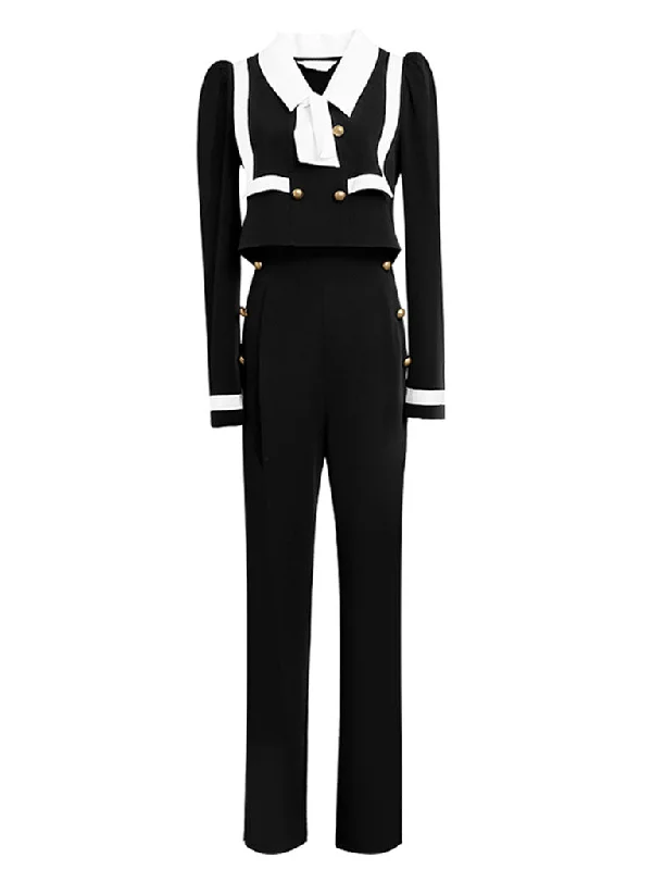 2PS Black Sailor Long Sleeve Top With High Waist Wide Leg Pants Suit