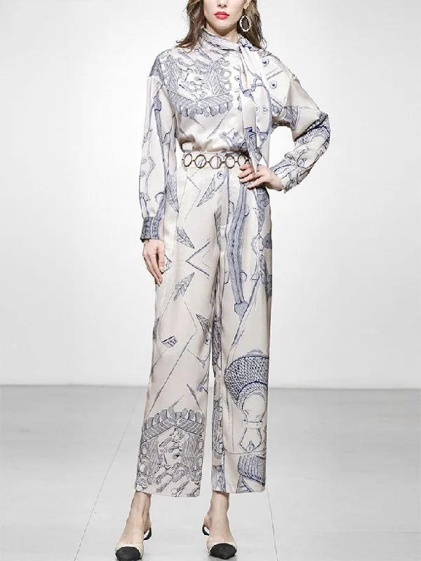 2PS Champagne Satin Floral Printed Shirt And High Waist Wide Leg Pants Suit