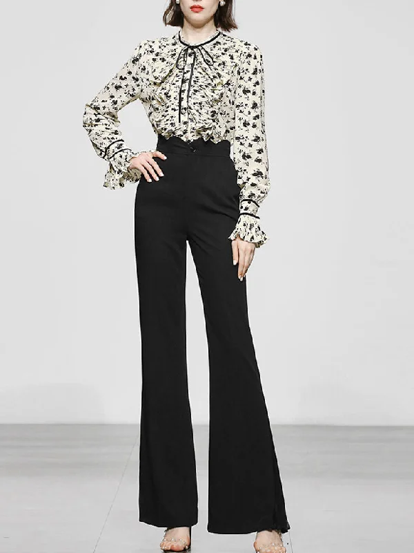 2PS Stand Collar Printed Top And Black Flared Pants Set