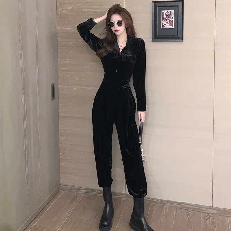 Autumn and Winter Adult Lady like Woman Style Long Sleeve Pleuche Suit Shirt Pants Casual Retro Fried Street Two-Piece Set