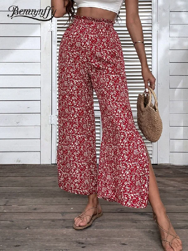 Benuynffy Holiday Ditsy Floral Print Wide Leg Pants Women Summer High Elastic Waist Boho Casual Split Trousers For Women