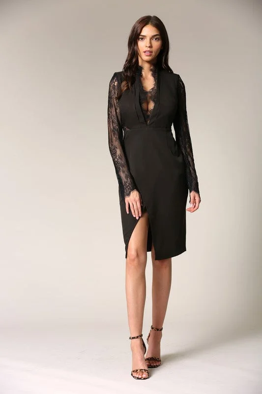 Elegant Black Lace Deep V-Neck Cut-Out Dress with Detailed Sleeve Lace Cocktail Dress