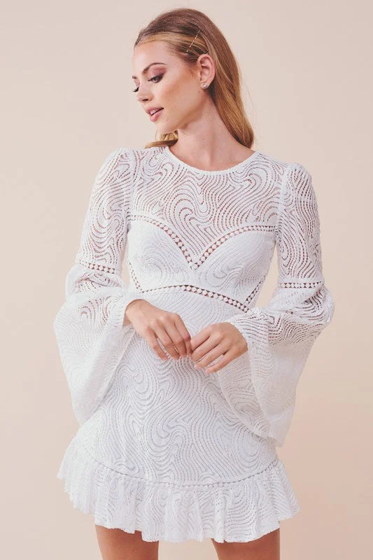 Elegant White Lace Pom Pom Detailed Tassel Ruffle Dress with Bell Sleeve Lace Dress for Weddings