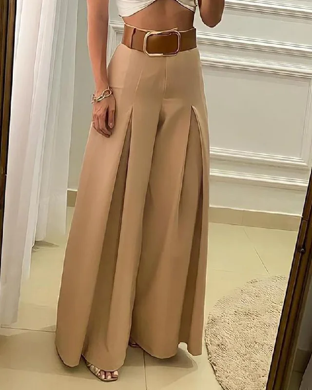 European and American style casual solid color open fold wide-leg pants