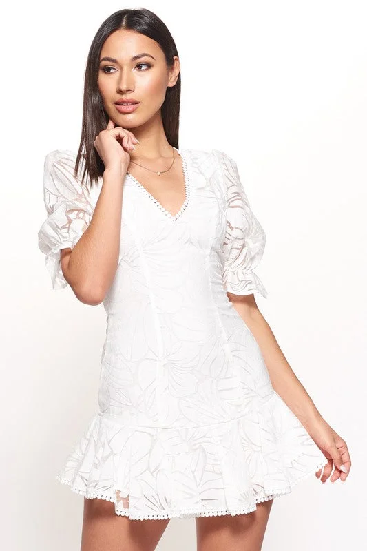 Fashion White Lace Puffy Sleeve Ruffle Tassel Dress Off-shoulder Lace Dress