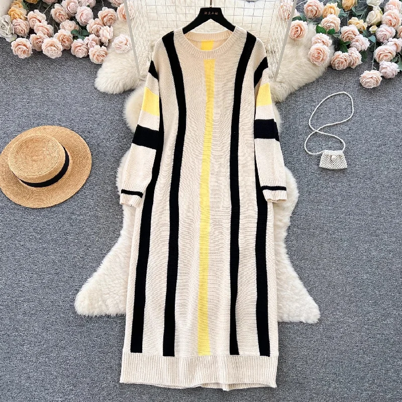 Girlary-shop business casual outfits Lazy Style Dress Women's Autumn and Winter Loose Casual Underwear Sweater Dress Slimming Temperament Striped Contrast Color Dress Sweater Dress Twist