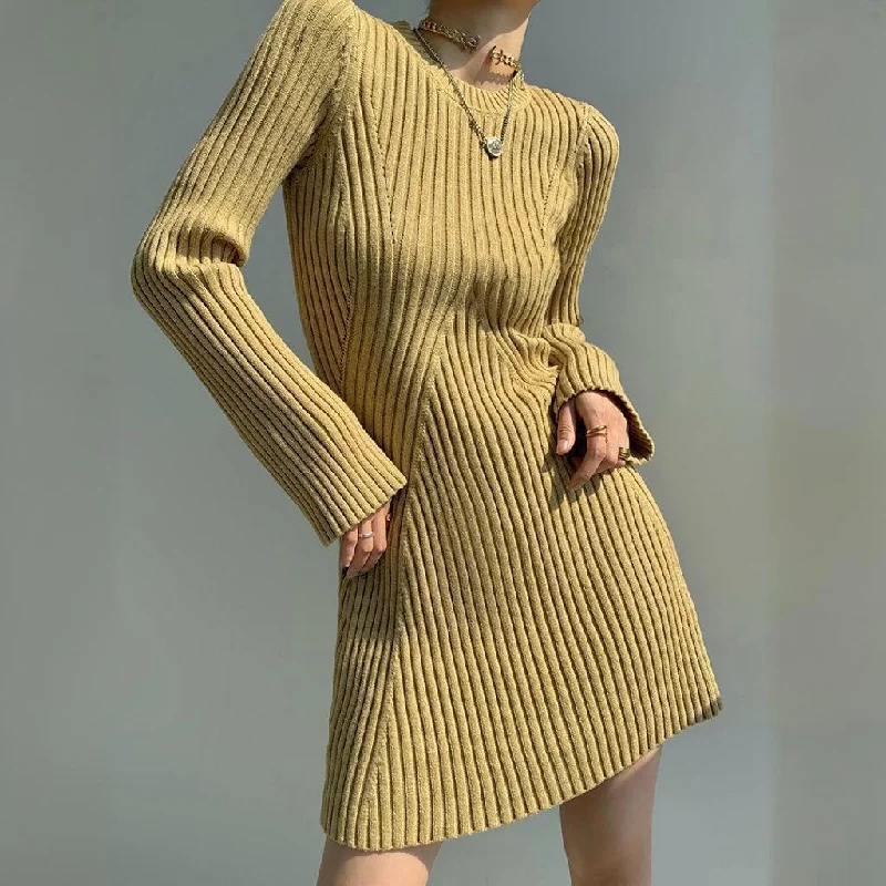 Girlary-shop fall outfits 2024 Women's Fashion Slim-Fit Knitted Dress Women's Autumn and Winter 2024 Inner Base Flared Sleeve Sweater Dress Chic Knit Dress