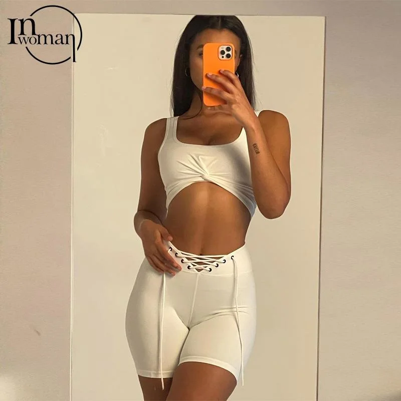 Inwoman Spring Fall Bandage Slim White Short Pants Sets Casual 2 Two Piece Sets Womens Outifits Shirring Sleeveless Crop Top