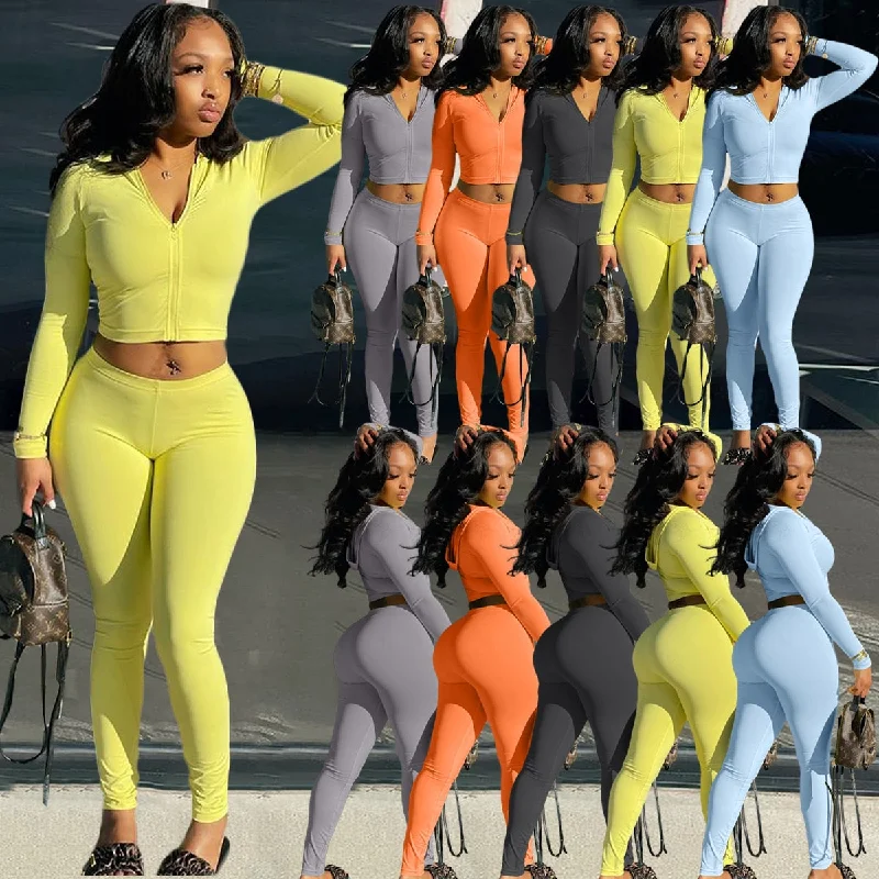 L290 Spring Women Outfits Casual High Stretch Two Piece Set Solid Color Sexy Zipper Top an pants Skinny sweatsuits Set Women