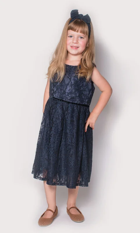 Popatu Little Girl's Navy Lace Dress Lace Dress Sleek