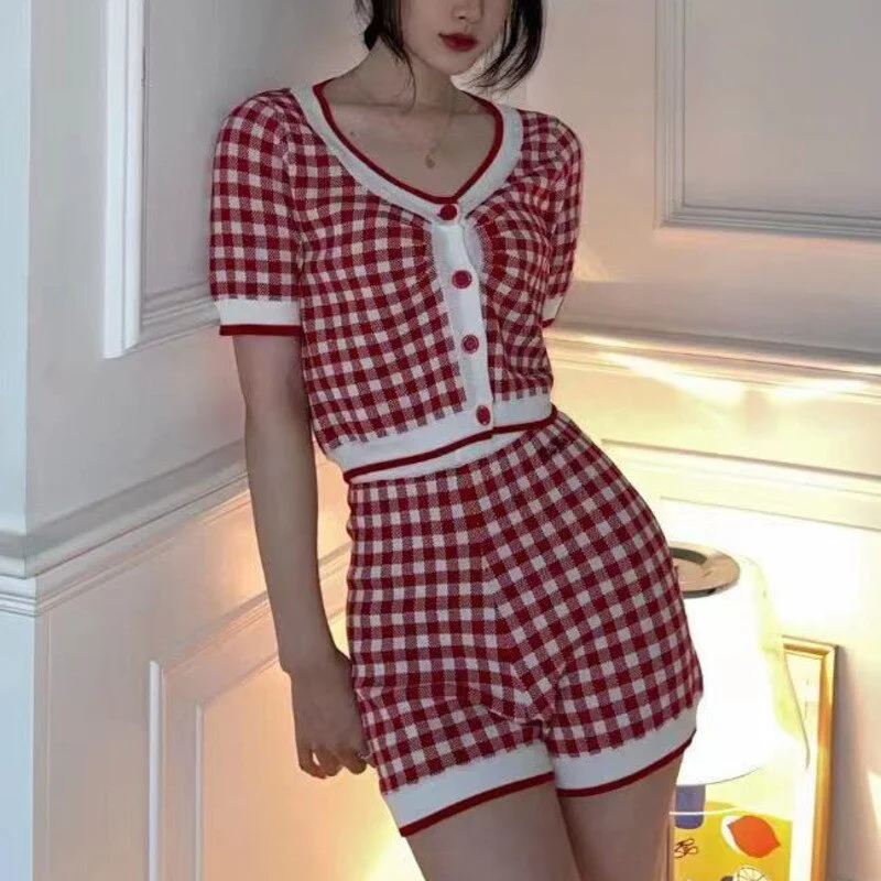 Summer Plaid Knit Two Piece Set Women Crop Top Sexy Pleated Short Sweater Cardigan+High Waist Shorts Casual Pants Set For Women