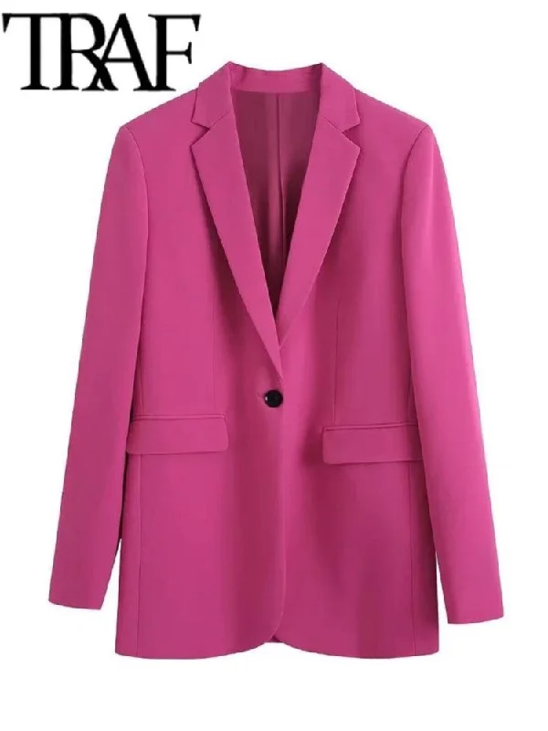 TRAF Woman 2023 Casual Blazer Office Lady Single Button Long Sleeve Jacket Tall Pants Pink Coat Femme