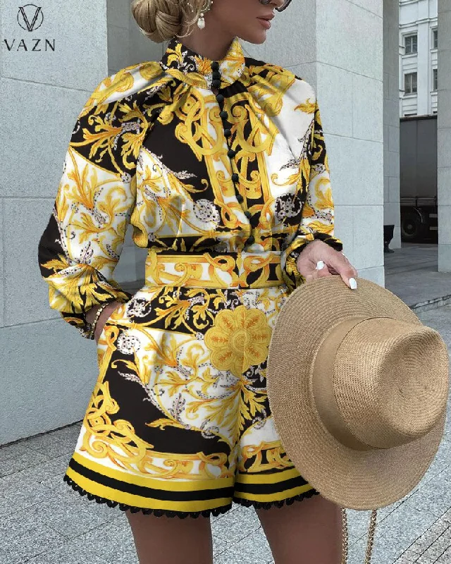 VAZN 2023 Ladies Spring Street Casual Style Women Suit Long Sleeve Shirt Elastic Short Pants Printed 2 Piece Sets