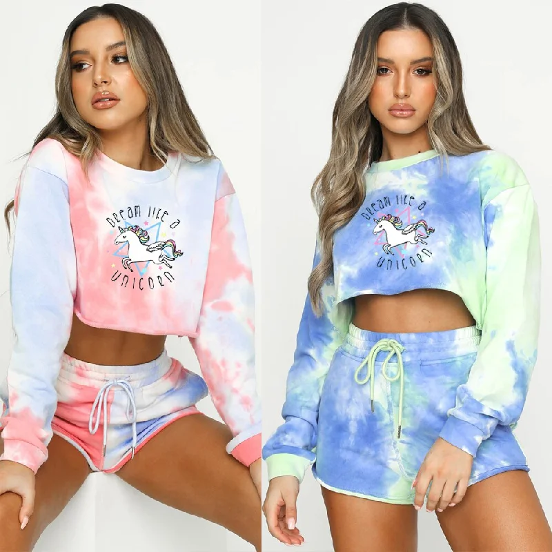 Women Tie Dye Colorful 2Pieces Sets Unicorn Printed Tracksuits Casual Long Sleeve Pullovers Lace Up Shorts Pants Pockets Outfits