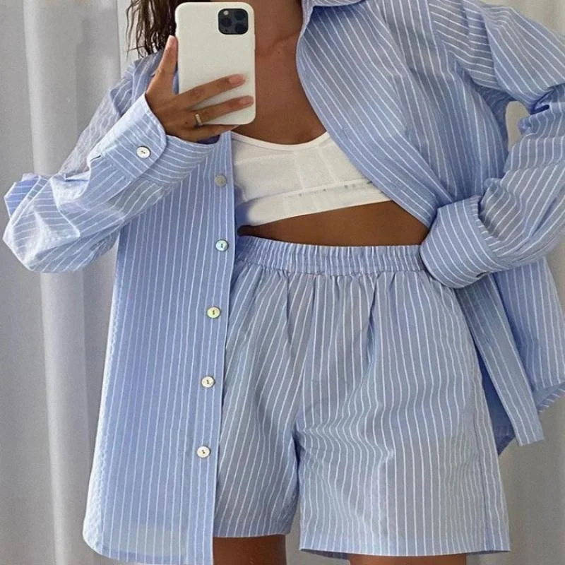 Women Two-Piece Casual Plaid Long-Sleeved Shirt Top Wide-Leg Pants 2 Piece Loose High-Waist Shorts Set Home Furnishing Autumn