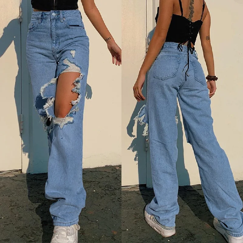 Womens Ripped Loose Fit Jeans Wide Leg For Women High Waist Blue Wash Casual Cotton Denim Trousers Summer Baggy Jean Pants