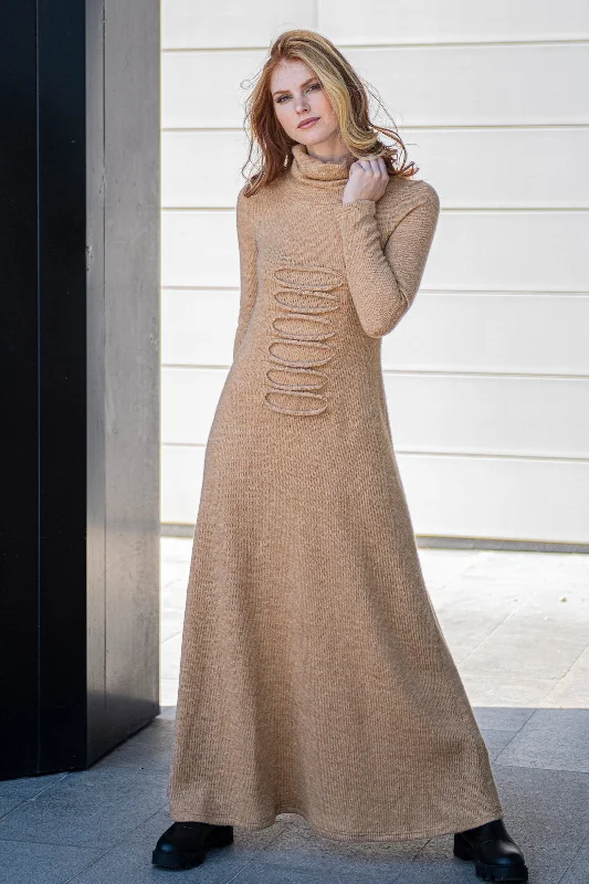 Long Sweater Dress with Front Detailing Turtleneck Knit Dress