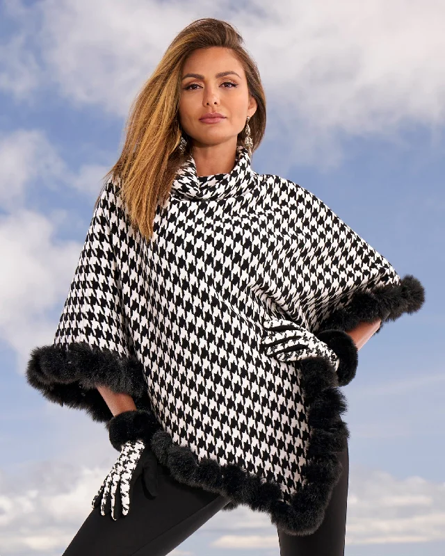 Faux Fur Trim Houndstooth Sweater Poncho Black White Layered Sweater Dress